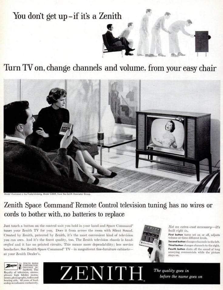 Original 1956 Zenith Space Command print advertisement — 'You don't get up — if it's a Zenith'
